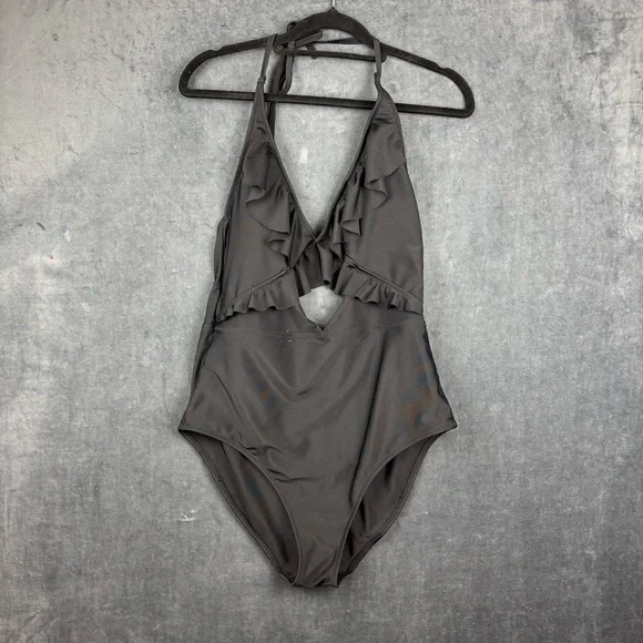 Aerie Black Ruffled, Cut-out One Piece Swimsuit Sz Medium ** see description - Picture 2 of 11